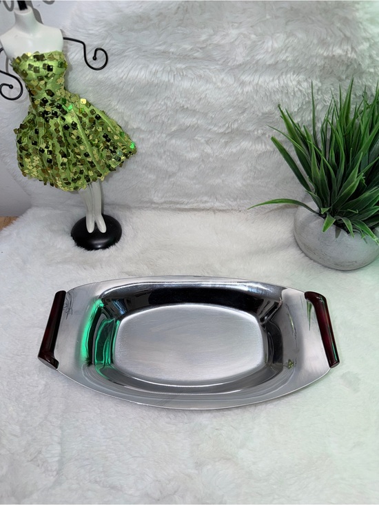 Other - Vintage Stainless Steel Serving Tray w/ Unique Cherry Red Bakelite Handles 💝